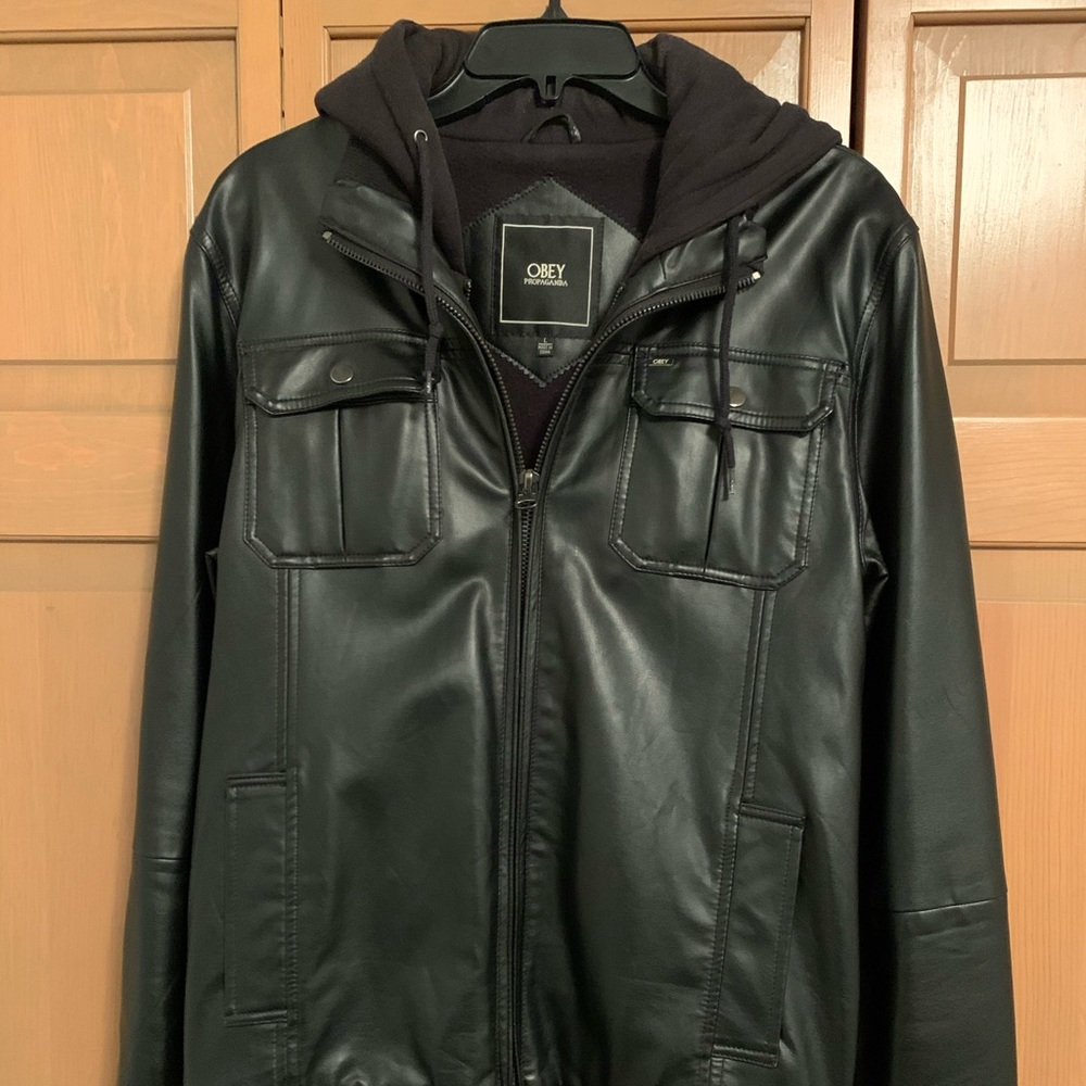 Men’s Obey Faux Leather Jacket w/ Hood